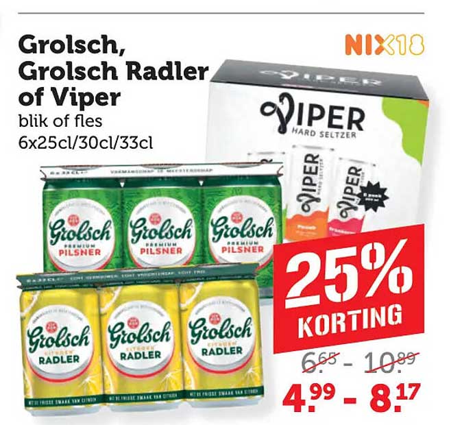 Grolsch, Grolsch Radler of Viper blik of fles 6x25cl/30cl/33cl 25% korting