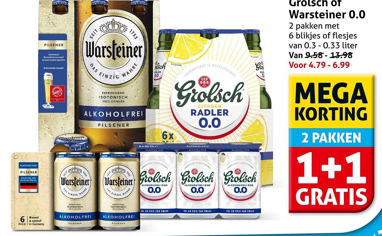Grotsch of Warsteiner 0.0 2 pakken met 6 blikjes of flesjes van 0.3 - 0.33 liter MEGA KORTING 2 PAKKEN 1+1 GRATIS