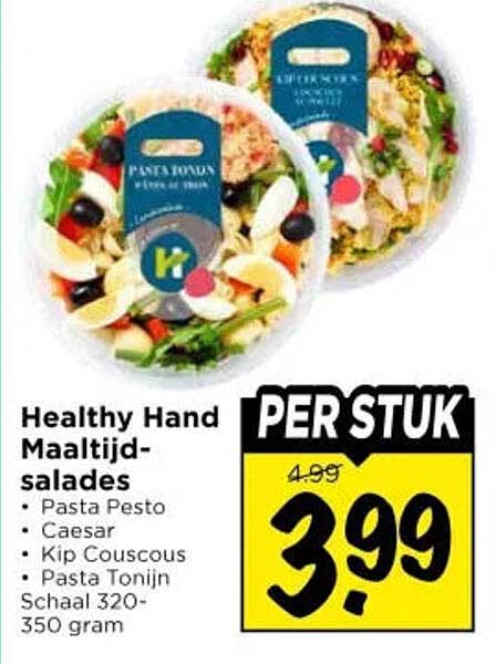 Healthy Hand Maaltijd-salades - Pasta Pesto, Caesar, Kip Couscous, Pasta Tonijn, Slaat 320-350 gram PER STUK