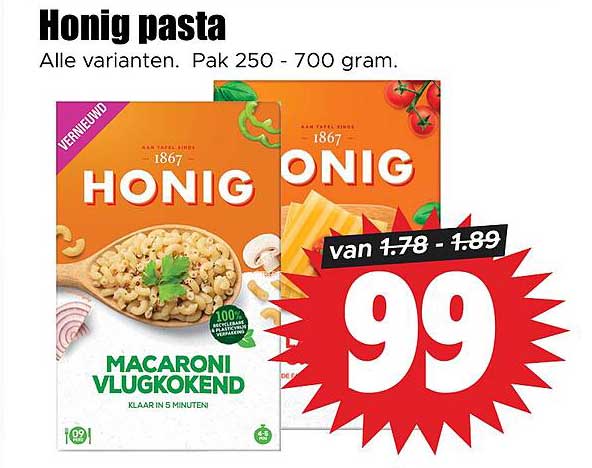 Honig pasta Alle varianten. Pak 250 - 700 gram.