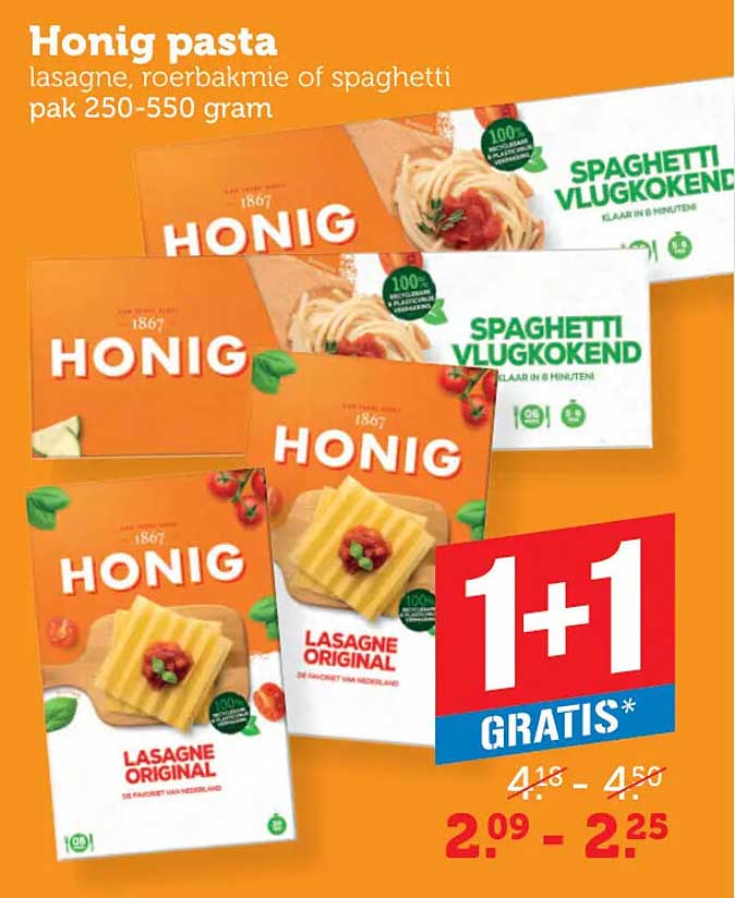 Honig pasta lasagne, roerbakmie of spaghetti pak 250-550 gram 1+1 gratis