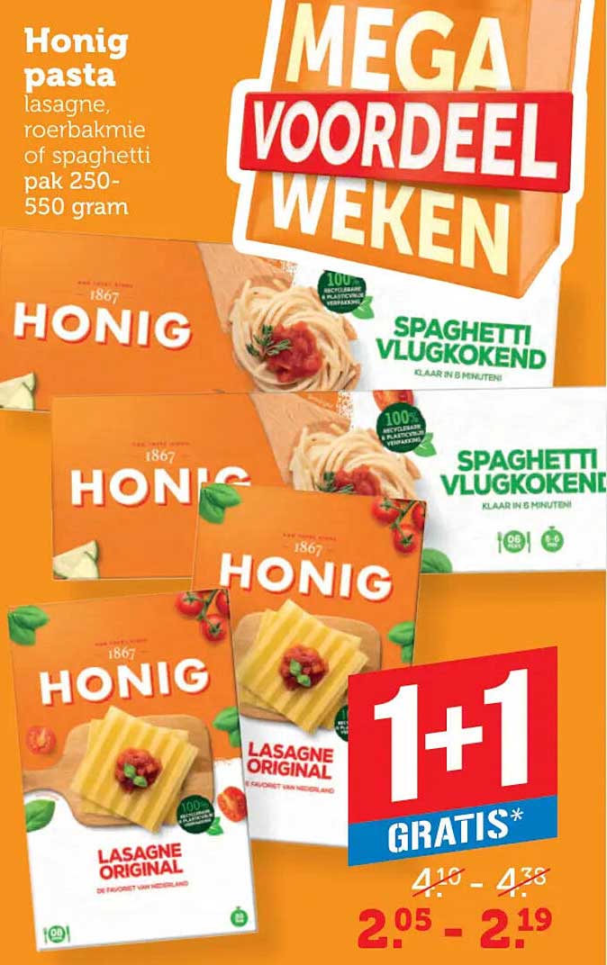 Honig pasta lasagne, roerbakmie of spaghetti pak 250-550 gram 1+1 gratis