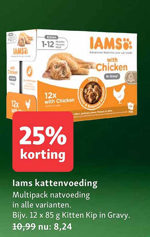Iams kattenvoeding Multipack natvoeding in alle varianten. Bijv. 12 x 85 g Kitten Kip in Gravy. 25% korting