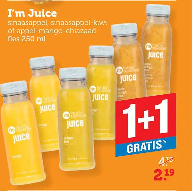 I’m Juice sinaasappel, sinaasappel-kiwi of appel-mango-chiazaad fles 250 ml 1+1 gratis