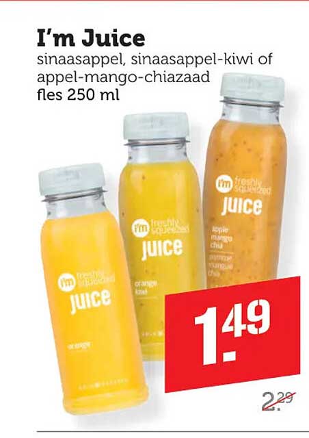 I’m Juice sinaasappel, sinaasappel-kiwi of appel-mango-chiazaad fles 250 ml