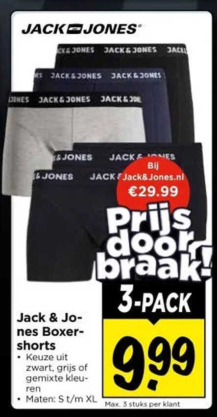 Jack & Jones Boxershorts - Keuze uit zwart, grijs of gemixte kleuren - Maten: S t/m XL 3-PACK