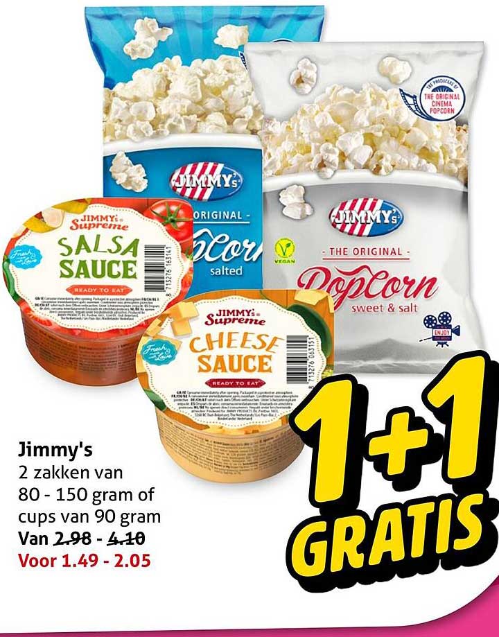 Jimmy's 2 zakken van 80 - 150 gram of cups van 90 gram 1+1 gratis