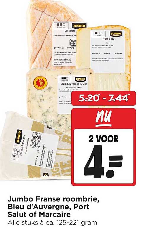 Jumbo Franse roombrie, Bleu d’Auvergne, Port Salut of Marcaire 2 voor 4.-