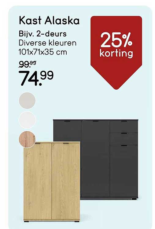 Kast Alaska Bijv. 2-deurs Diverse kleuren 101x71x35 cm 25% korting