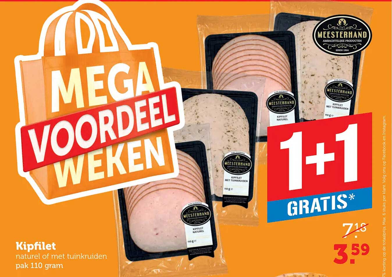 Kipfilet naturel of met tuinkruiden pak 110 gram 1+1 gratis