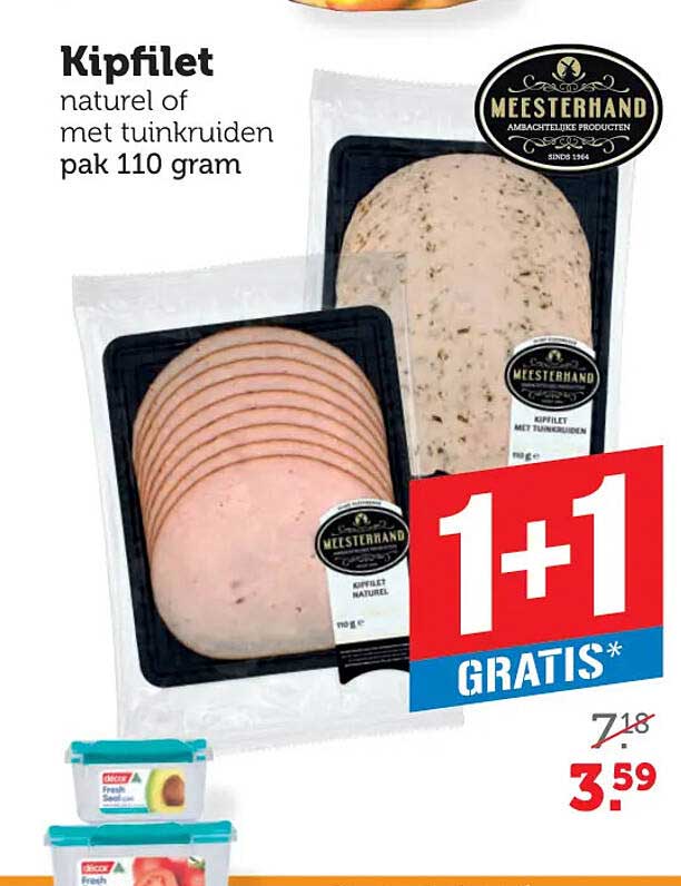 Kipfilet naturel of met tuinkruiden pak 110 gram 1+1 GRATIS