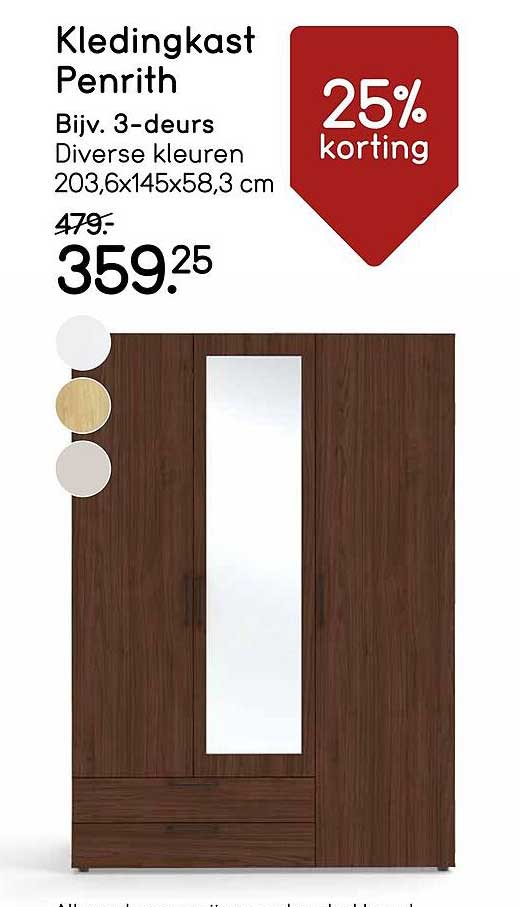 Kledingkast Penrith Bijv. 3-deurs Diverse kleuren 203,6x145x58,3 cm 25% korting