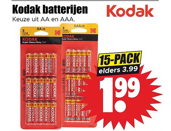 Kodak batterijen - Keuze uit AA en AAA. 15-PACK elders 3.99