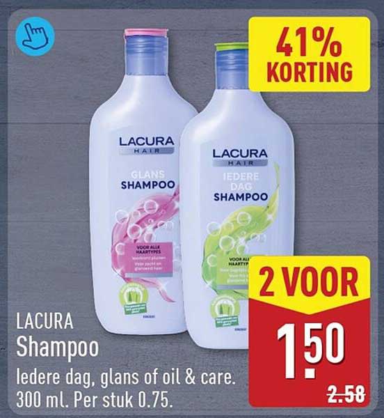 LACURA Shampoo Iedere dag, glans of oil & care. 300 ml. Per stuk 0.75. 2 VOOR
