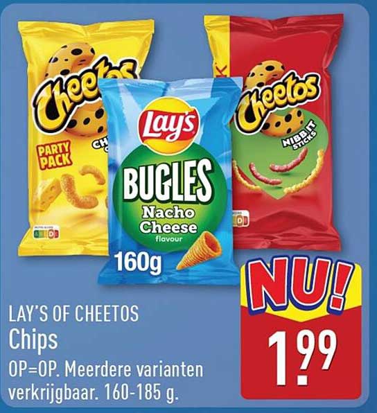 LAY'S OF CHEETOS Chips OP=OP. Meerdere varianten verkrijgbaar. 160-185 g.