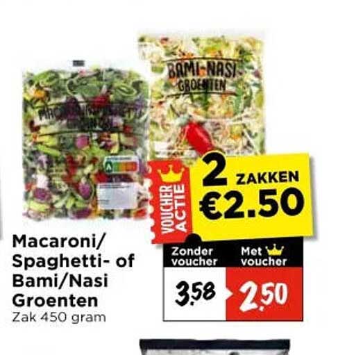 Macaroni/Spaghetti- of Bami/Nasi Groenten Zak 450 gram 2 zakken €2.50