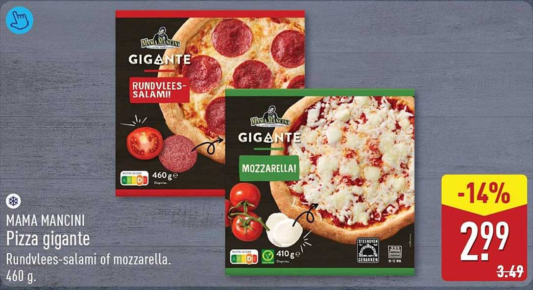 MAMA MANCINI Pizza gigantte Rundvlees-salami of mozzarella. 460 g.