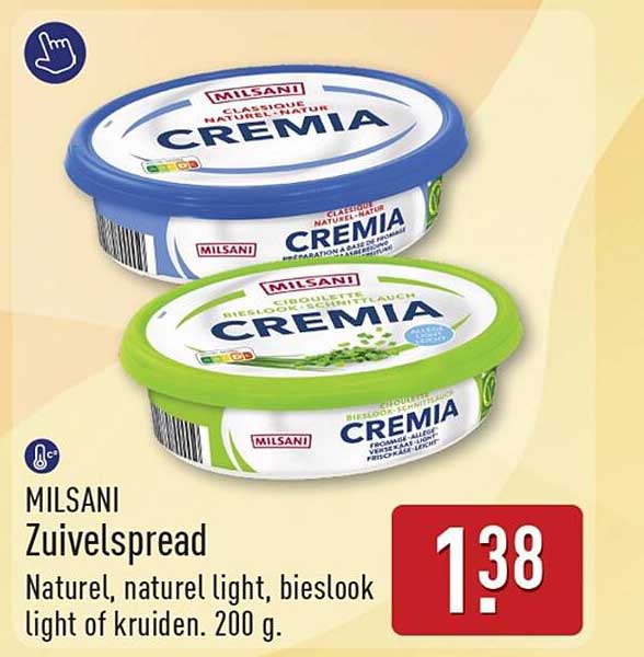 MILSANI Zuivelspread Natuur, naturel light, bieslook light of kruiden. 200 g.