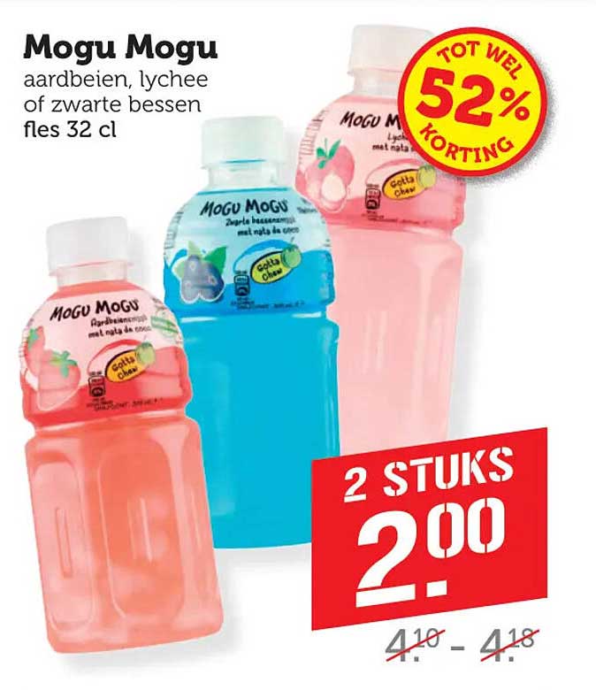 Mogu Mogu aardbeien, lychee of zwarte bessen fles 32 cl 2 STUKS