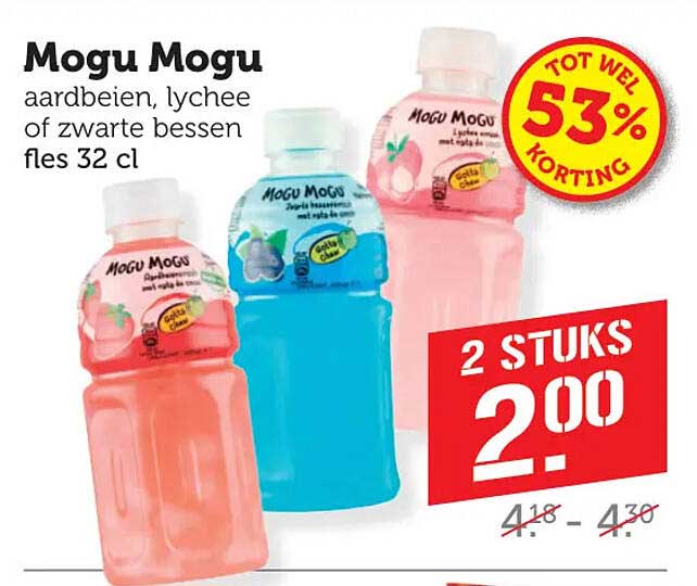 Mogu Mogu aardbeien, lychee of zwarte bessen fles 32 cl
