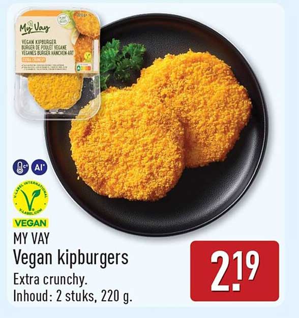 MY WAY Vegan kipburgers Extra crunchy. Inhoud: 2 stuks, 220 g.