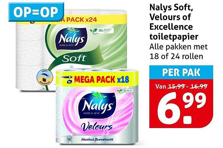 Nalys Soft, Velours of Excellence toiletpapier
Alle pakken met 18 of 24 rollen
PER PAK