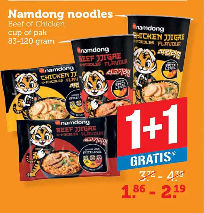 Namdong noodles Beef of Chicken cup of pak 83-120 gram 1+1 gratis
