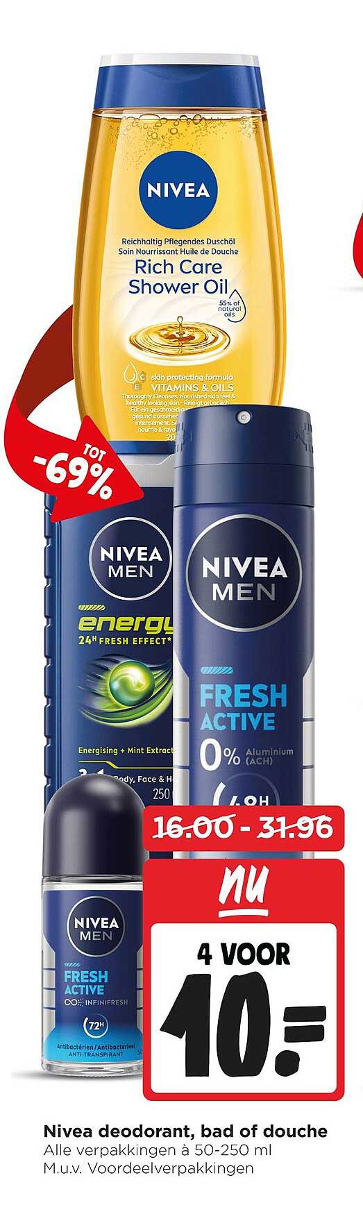 Nivea deodorant, bad of douche Alle verpakkingen à 50-250 ml M.u.v. voordeelverpakkingen