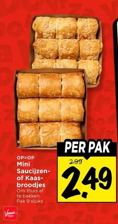 OP=OP Mini Saucijzen- of Kaasbroodjes Om thuis af te bakken. Pak 9 stuks