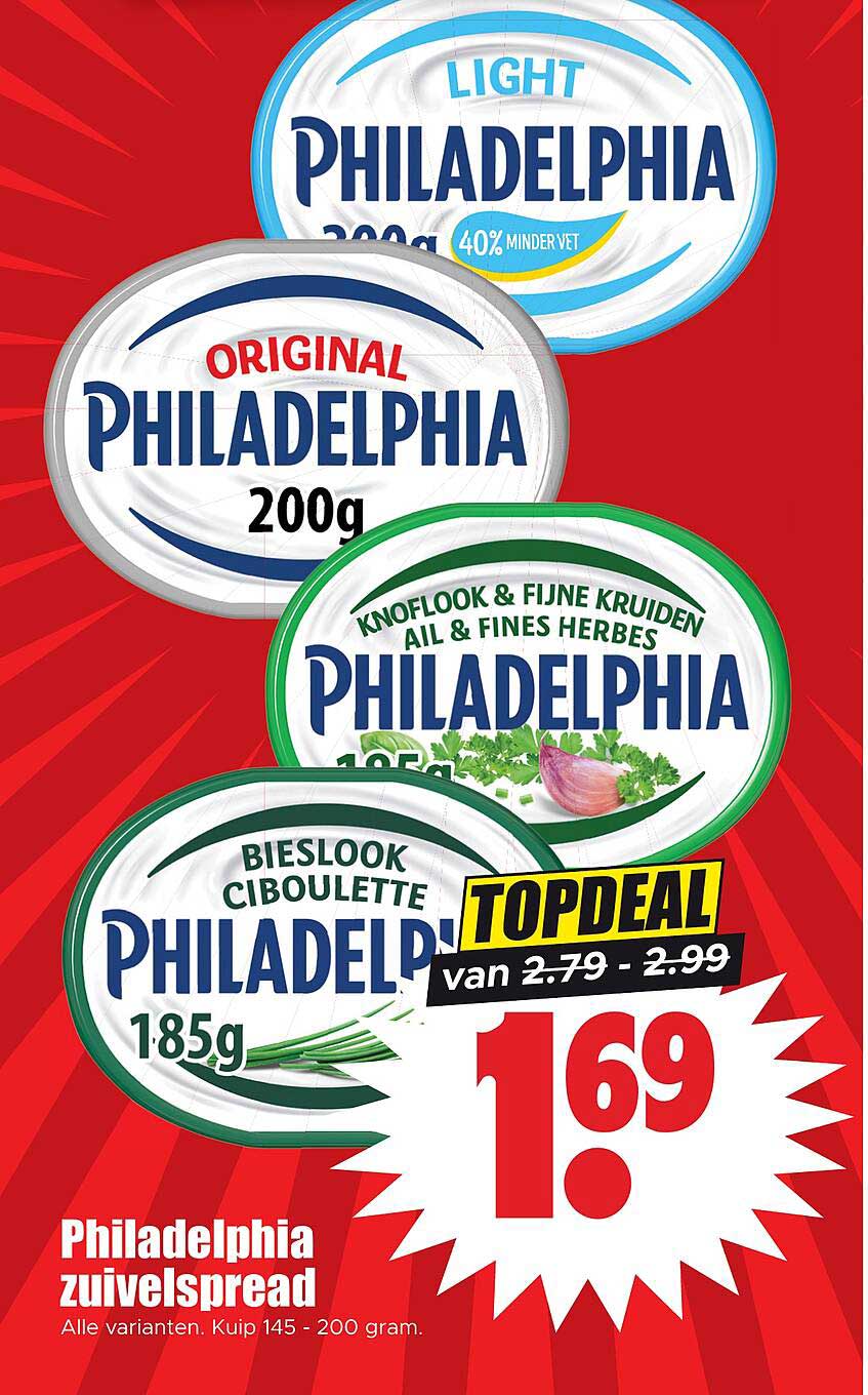 Philadelphia zuivelspread Alle varianten. Kuip 145 - 200 gram. TOPDEAL