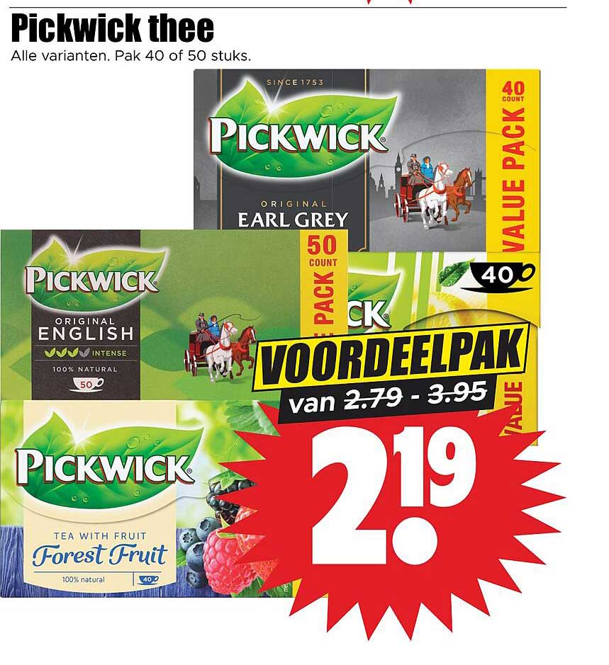 Pickwick thee, alle varianten, pak 40 of 50 stuks VOORDEELPAK