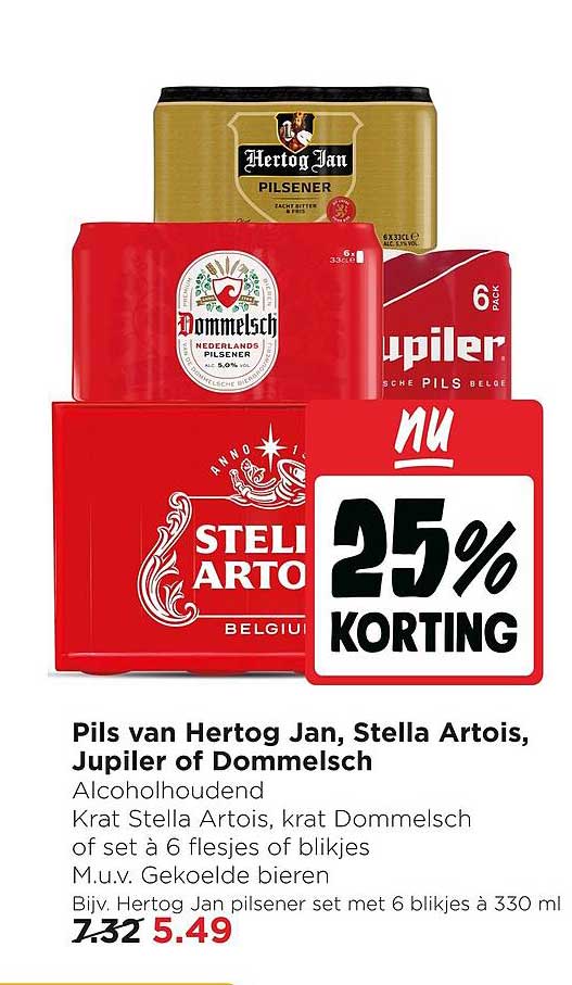 Pils van Hertog Jan, Stella Artois, Jupiler of Dommelsch 25% korting