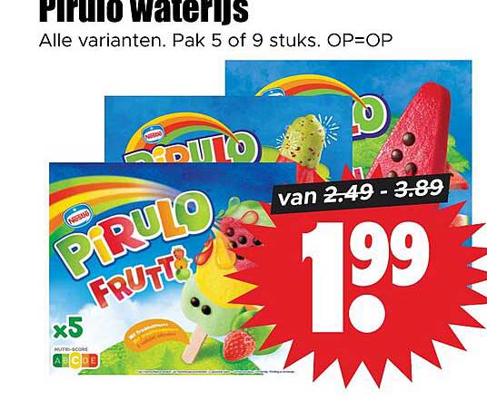 Pirulo waterijs Alle varianten. Pak 5 of 9 stuks. OP=OP