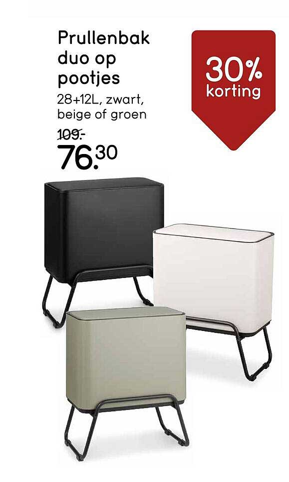 Prullenbak duo op pootjes 28+12L, zwart, beige of groen