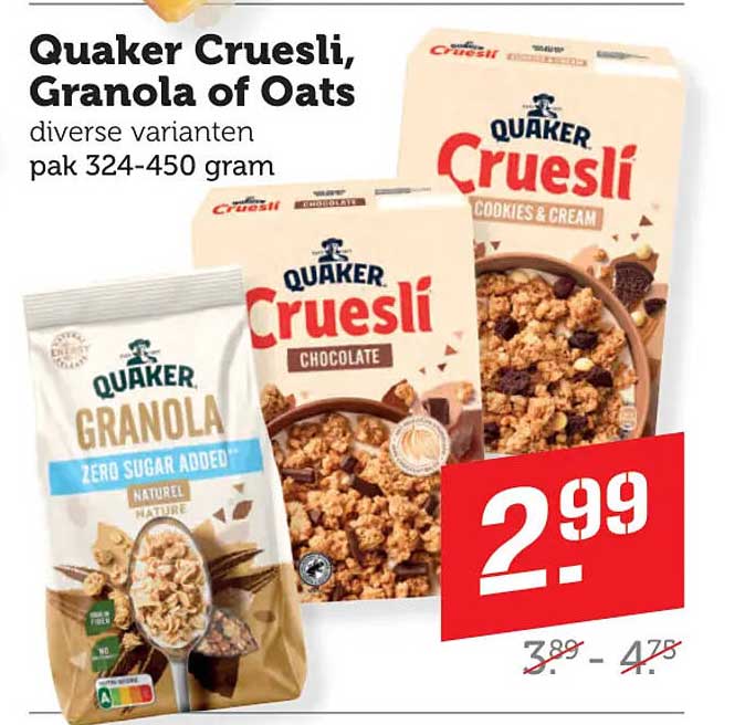 Quaker Cruesli, Granola of Oats diverse varianten pak 324-450 gram
