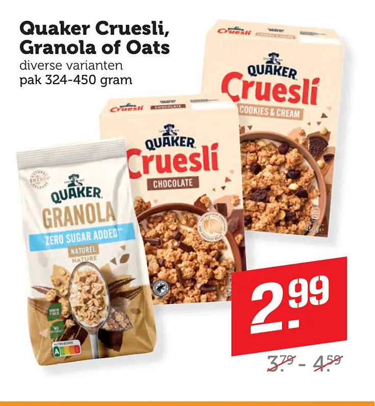 Quaker Cruesli, Granola of Oats diverse varianten pak 324-450 gram