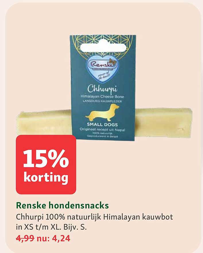 Renske hondensnacks Chhurpi 100% natuurlijk Himalaya kauwbot in XS t/m XL. Bijv. S. 15% korting