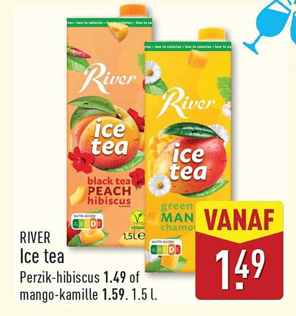 RIVER Ice tea Perzik-hibiscus 1.49 of mango-kamille 1.59. 1.5L.