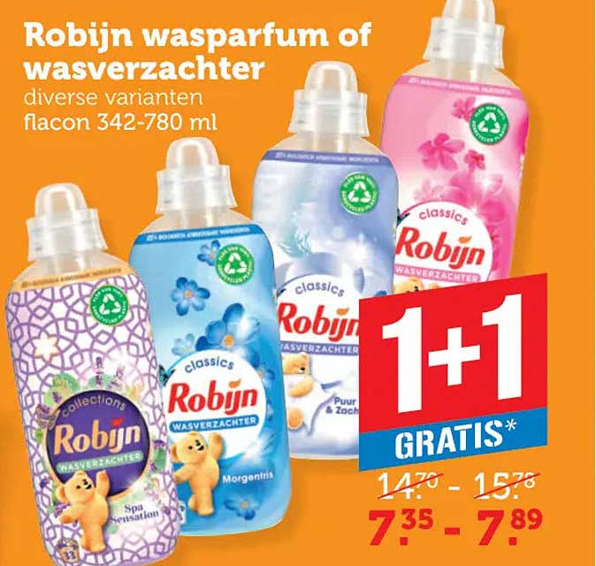 Robijn wasparfum of wasverzachter diverse varianten flacon 342-780 ml 1+1 gratis