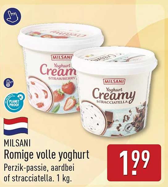 Romige volle yoghurt Perzik-passie, aardbei of stracciatella. 1 kg.
