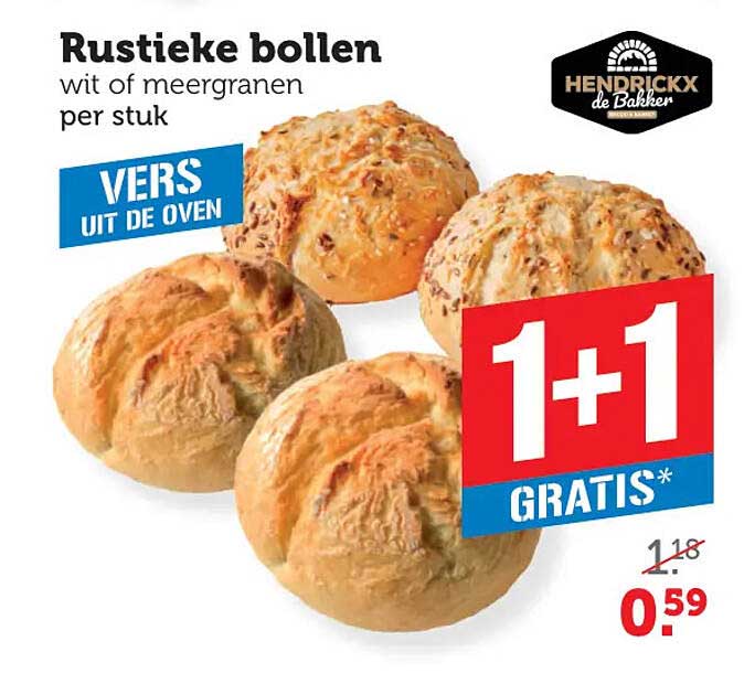 Rustieke bollen wit of meergranen per stuk 1+1 gratis
