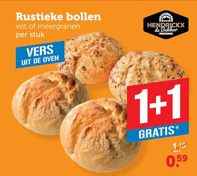 Rustieke bollen wit of meergranen per stuk 1+1 gratis