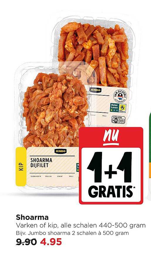 Shoarma Varken of kip, alle schalen 440-500 gram 1+1 gratis