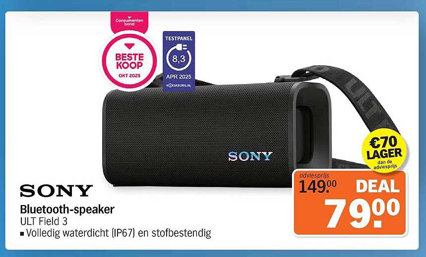 SONY Bluetooth-speaker ULT Field 3 Volledig waterdicht (IP67) en stofbestendig