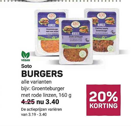 Soto BURGERS alle varianten bijv: Groenteburger met rode linzen, 160 g 20% KORTING