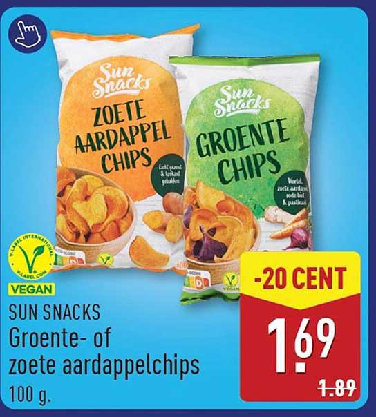 SUN SNACKS Groente- of zoete aardappelchips 100 g -20 CENT