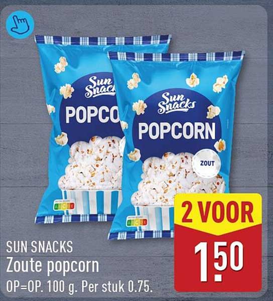 SUN SNACKS Zoute popcorn OP=OP. 100 g. Per stuk 0.75. 2 VOOR