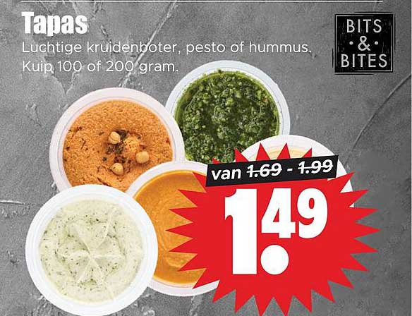 Tapas Luchtige kruidenboter, pesto of hummus. Kuip 100 of 200 gram.