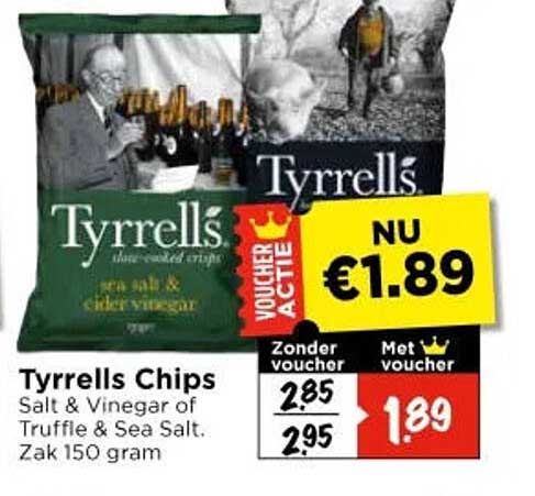 Tyrrells Chips Salt & Vinegar of Truffle & Sea Salt. Zak 150 gram Voucher actie