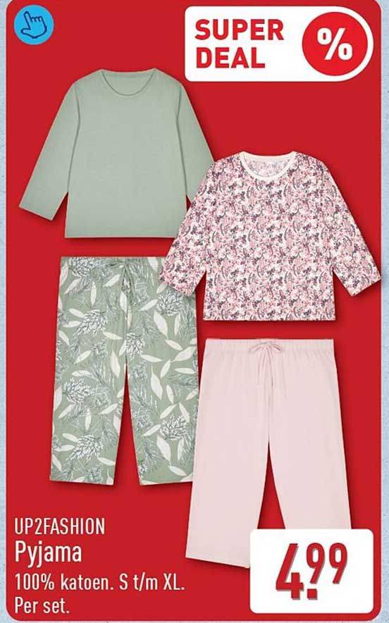 UP2FASHION Pyjama 100% katoen. S t/m XL. Per set.